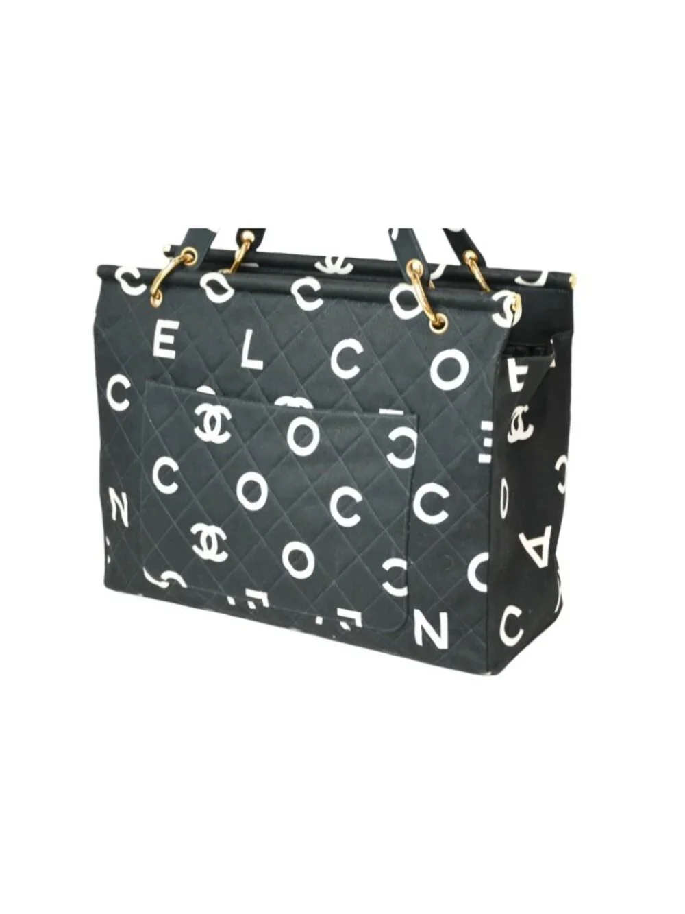 Chanel Handbag Quilted Black White Cotton Canvas Gold